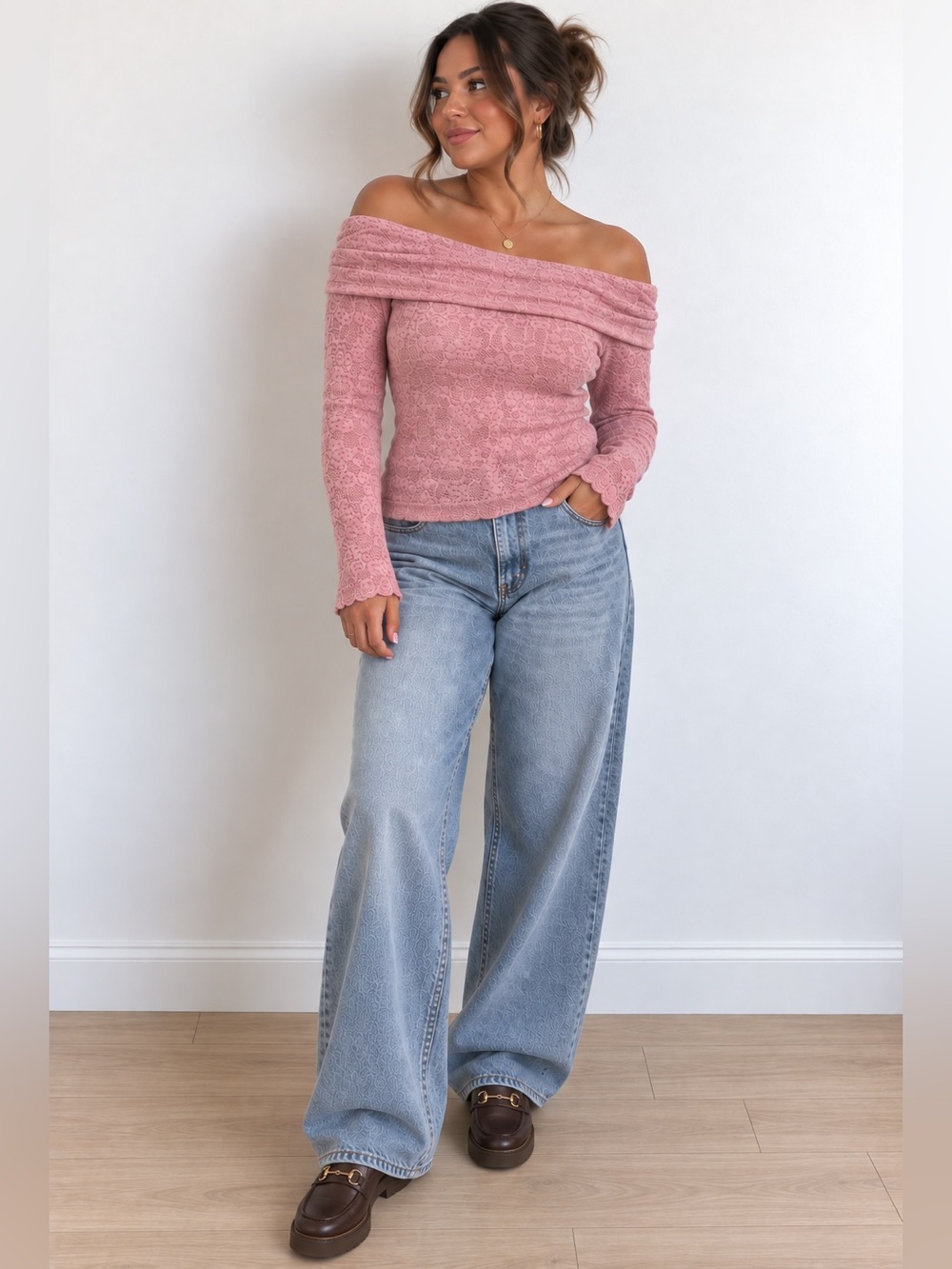 NWT Urban Outfitters Dusty Pink Off-the-Shoulder Lace Sweater XL